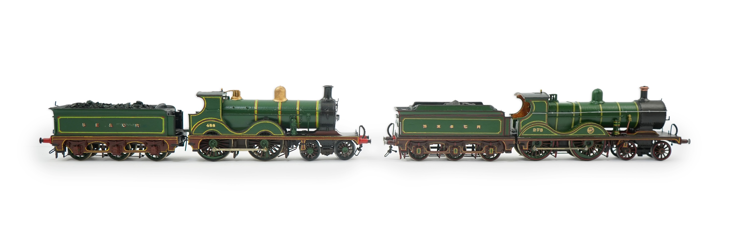Two 00 gauge brass and white metal kit built Wainwright designed SE&CR tender locomotives (possibly by Wills Finecast); a class D 4-4-0, 488, together with a class E 4-4-0, 273, constructed, painted and lined to a high s